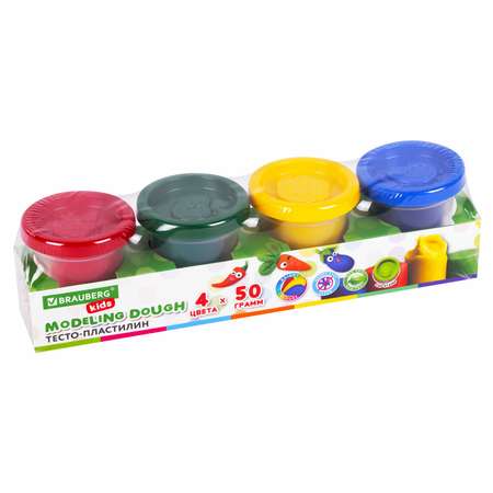 Пластилин Brauberg тесто для лепки набор 4 цвета с крышками-штампиками