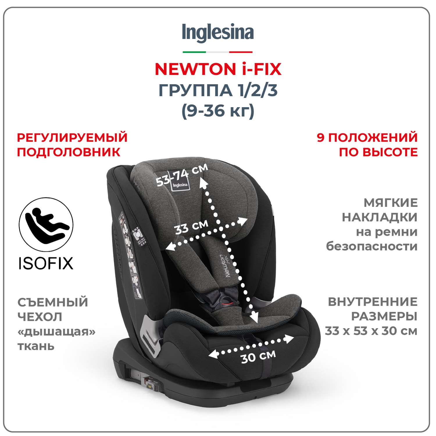 Автокресло INGLESINA Newton I-fix группа 1 2 3 9-36 кг цвет Vulcan Black - фото 2