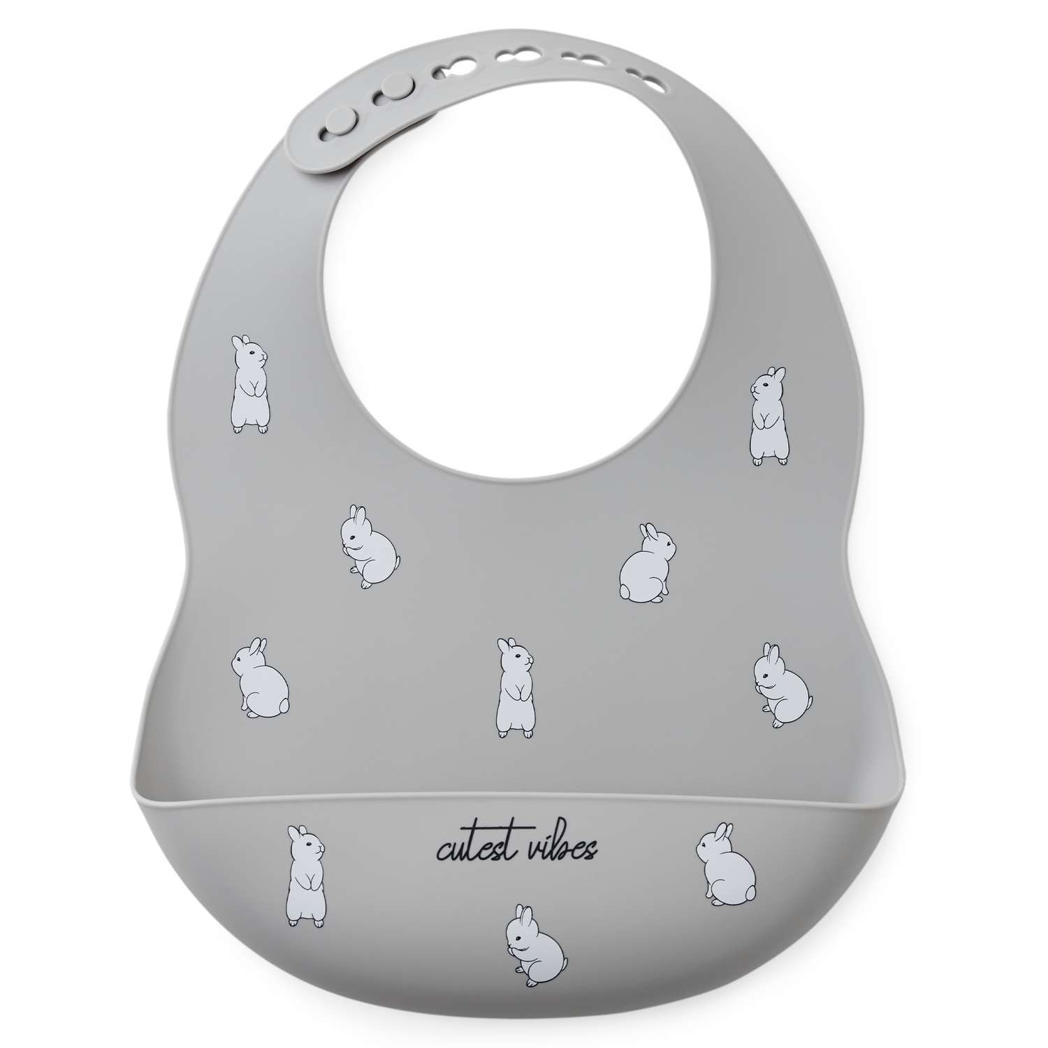 Нагрудник Happy Baby силиконовый с кармашком серый с кроликами - фото 1