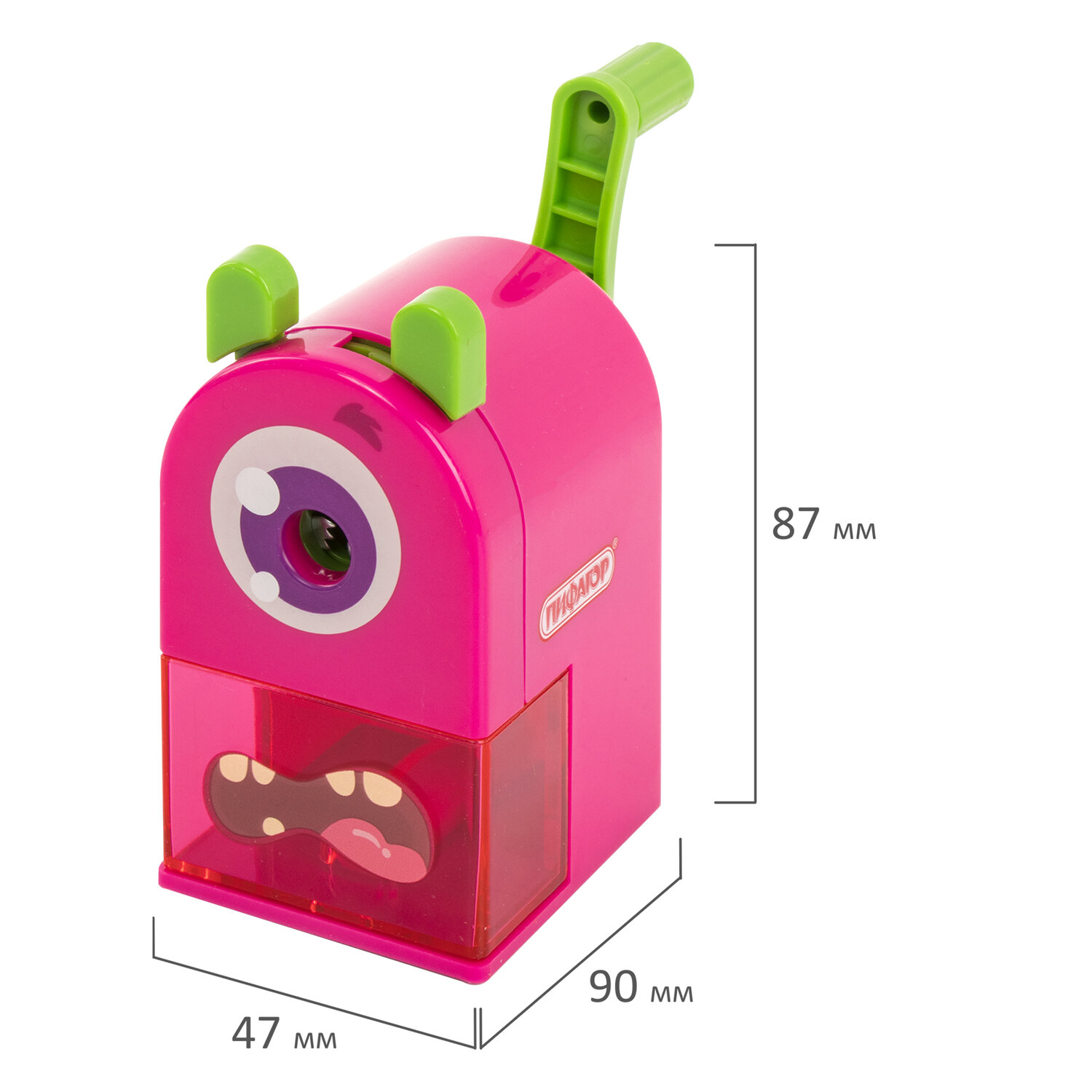 Точилка механическая Пифагор настольная с контейнером для стружки Монстрик корпус розовый - фото 12