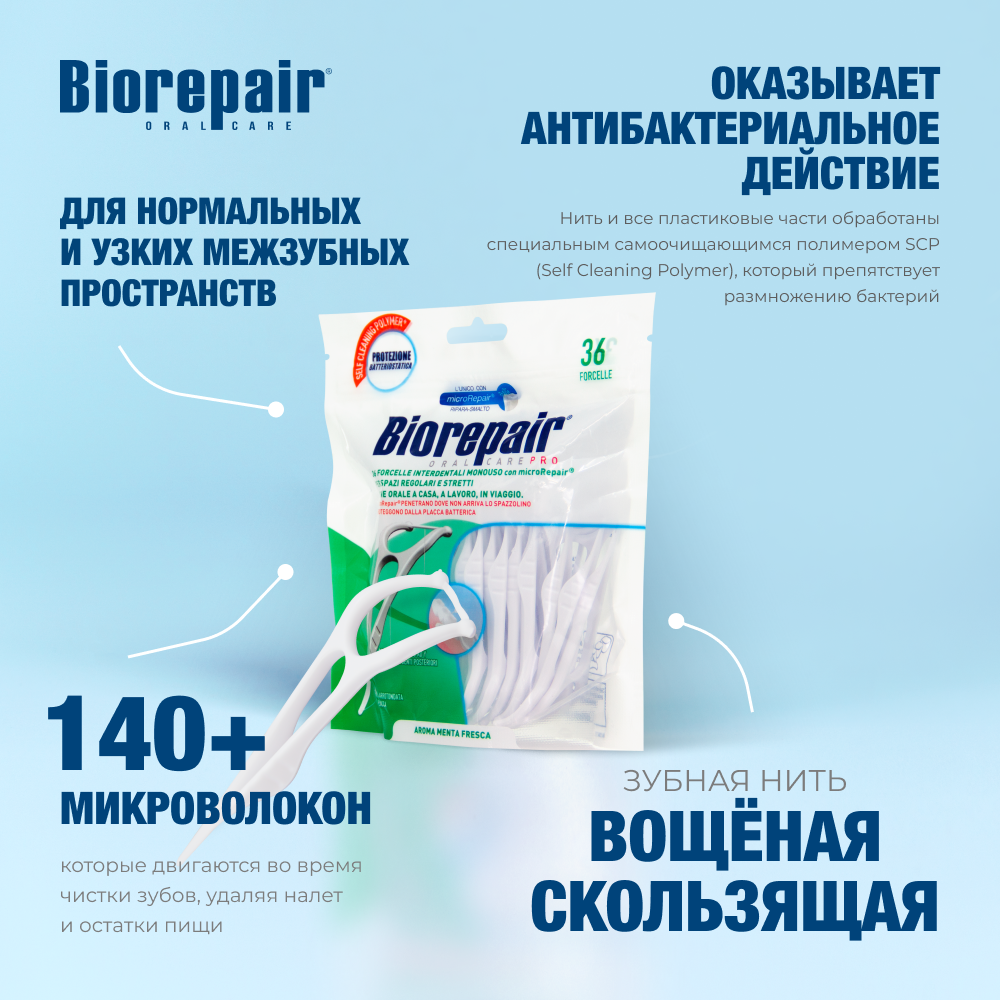 Одноразовые межзубные нити Biorepair Forcelle Interdentale Monouso с держателем - фото 2