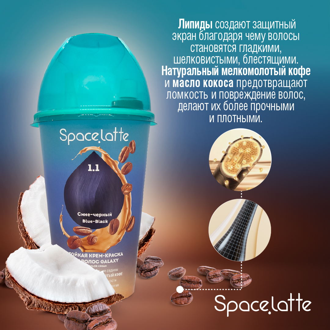 Стойкая крем краска для волос Space Latte Сине черный 1.1 - фото 4