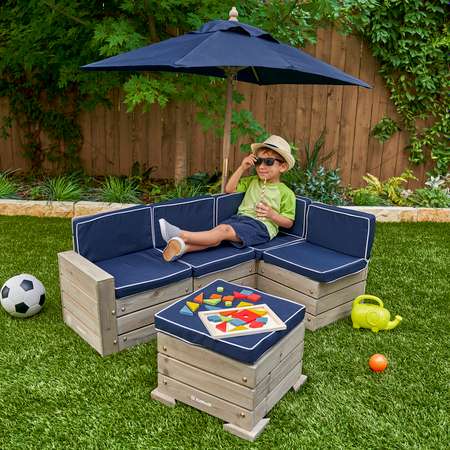 Набор садовой мебели для детей KidKraft секционный диван пуф-стол зонт серо-синий