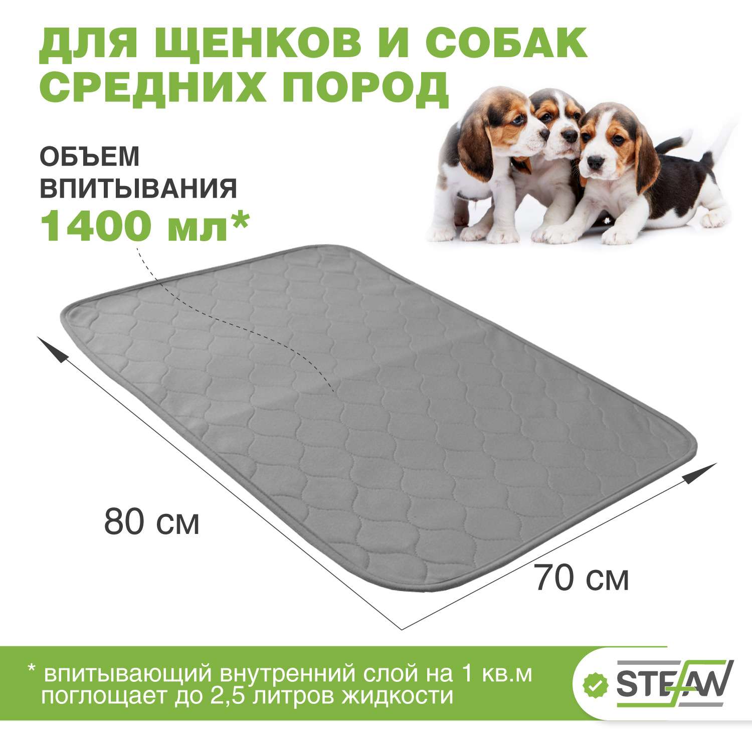 Пеленка для животных Stefan впитывающая многоразовая серая однотонная 70х80 см - фото 1