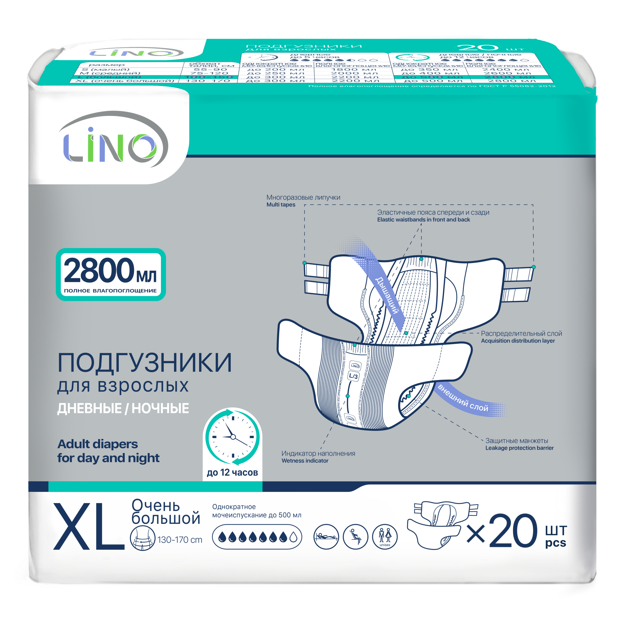 Подгузники для взрослых LINO XL (Extra Large) 2800 мл 20 шт - фото 1