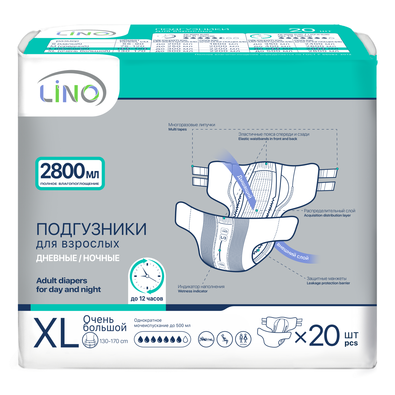 Подгузники для взрослых LINO XL (Extra Large) 2800 мл 20 шт - фото 1