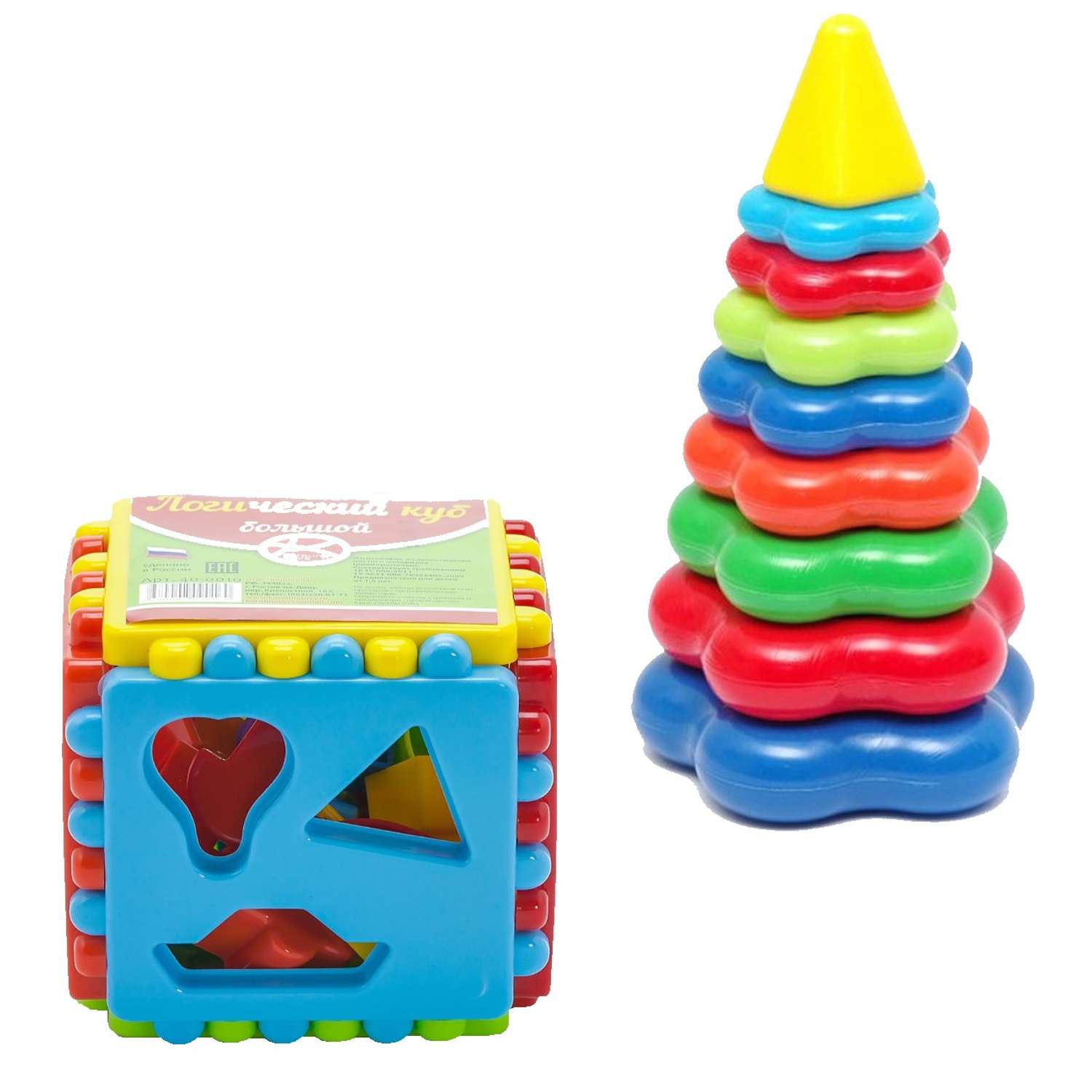 Развивающие игрушки Karolinatoys для малышей Набор Сортер кубик логический большой + Пирамидка большая - фото 1