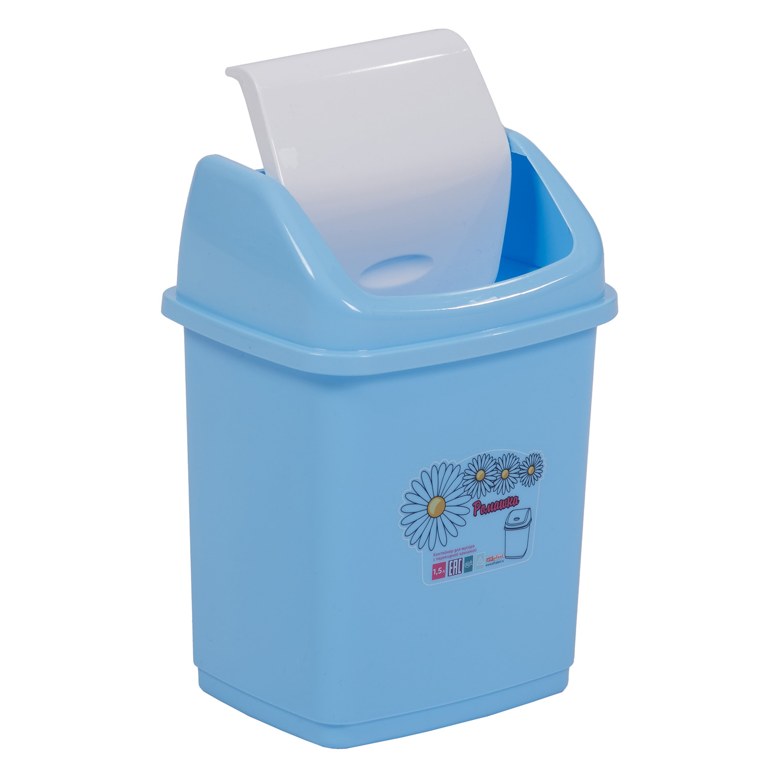 Контейнер для мусора elfplast Ромашка с перекидным верхом голубой белый 1.5 л - фото 2