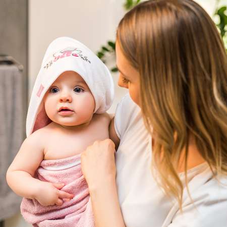 Полотенце Babyono махровое бамбуковое 85х85 см с пояском для безопасности. Арт.343/04 розовое/лебедь