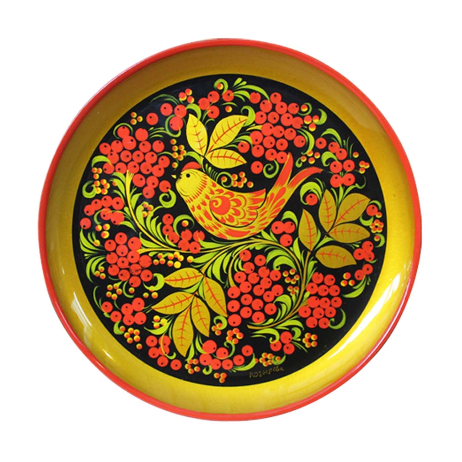 Тарелка-панно Золотая Хохлома Птица в ягодах - фото 1