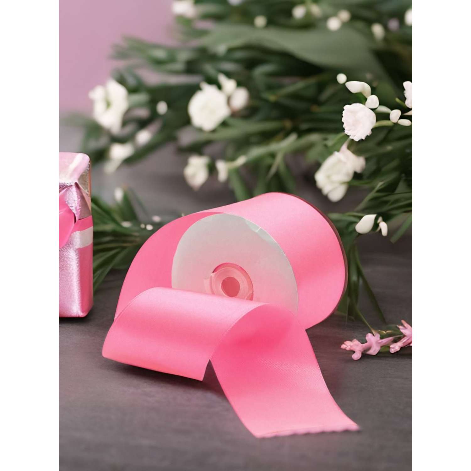 Лента Айрис атласная упаковочная флористическая 5 см 22.86 м 012 яркий розовый - фото 1
