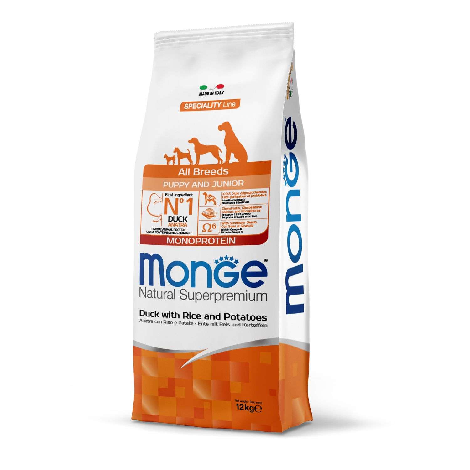 Корм для щенков MONGE 12кг Dog Speciality Line Monoprotein всех пород утка-рис-картофель - фото 1