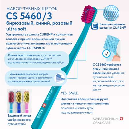 Набор зубных щеток Curaprox ultrasoft 3 шт бирюзовый-голубой-малиновый