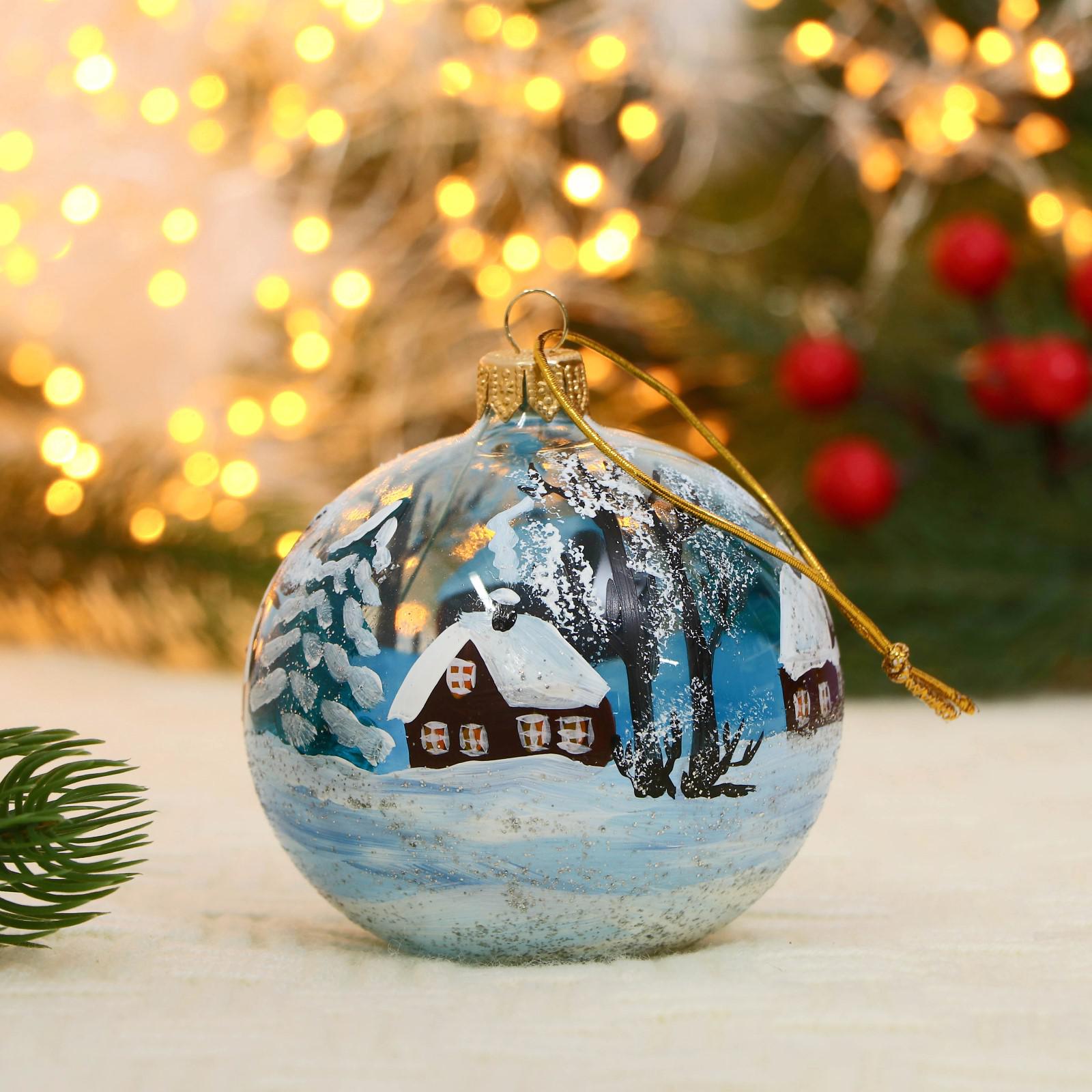 Ёлочный шар Evis d-8 см «Зимний вечер в деревне» ручная роспись голубой - фото 1