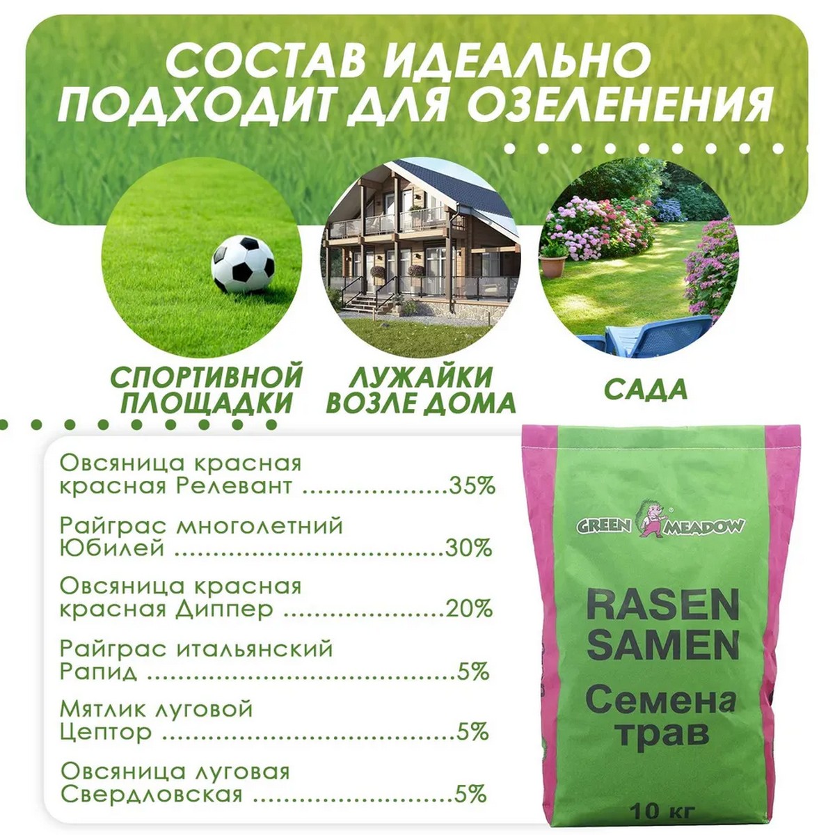 Семена трав GREEN MEADOW для газонов Декоративный стандартный 10 кг - фото 3