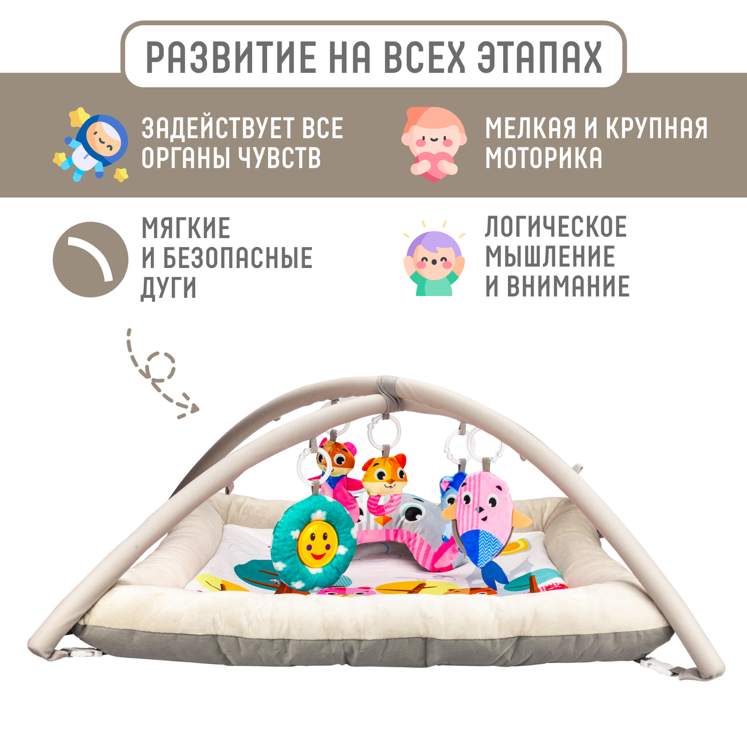 Развивающий игровой коврик Solmax для новорожденных с дугой и игрушками бежевый/розовый - фото 2