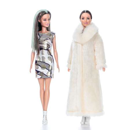 Платье и шуба одежда для кукол Barbie VIANA молочный серый и золотистый