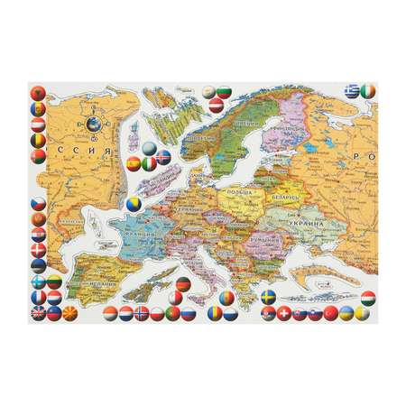 Карта-пазл географический АГТ Геоцентр магнитная карта Европы с флагами 52 детали 23х33 см