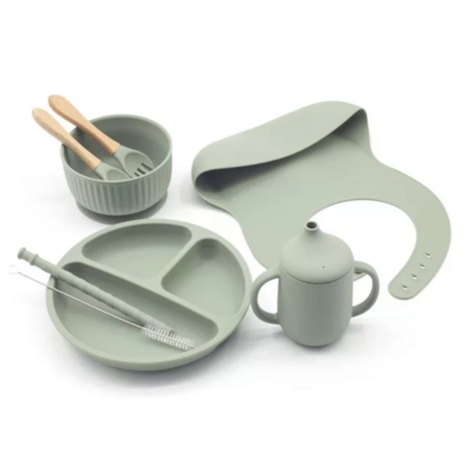 Набор посуды PlayKid для кормления силиконовый 8 предметов зеленый - фото 1