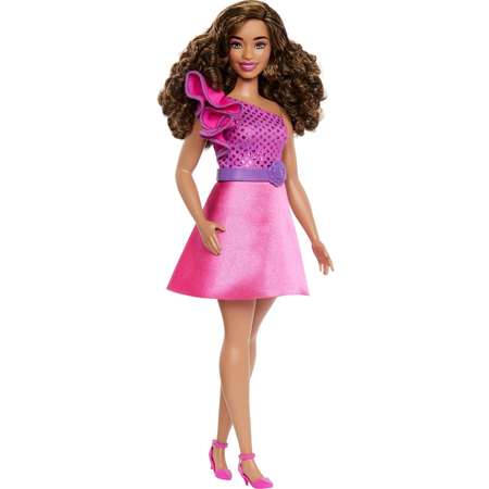 Кукла Barbie Fashionistas пышнотелая с каштановыми волосами в розовом блестящем платье HRH22