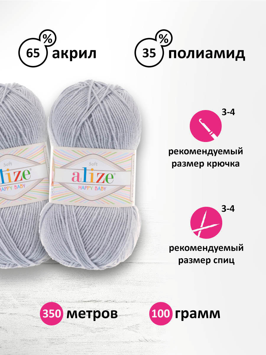 Пряжа для вязания Alize happy baby 100 гр 330 м aкрил мягкая детская 402 зимнее небо 5 мотков - фото 2