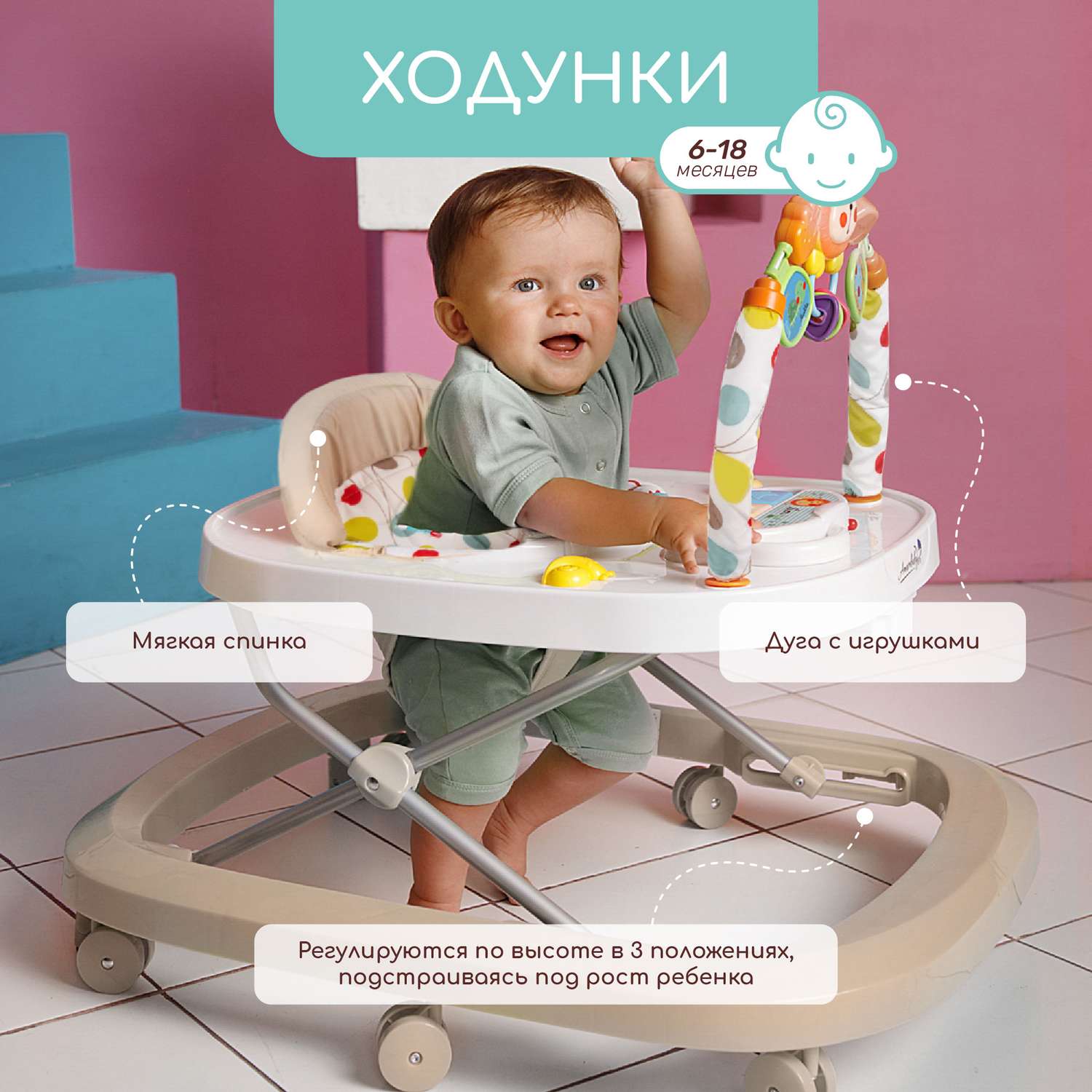 Ходунки детские AmaroBaby с электронной игровой панелью Walking Baby BEIGE бежевый - фото 2