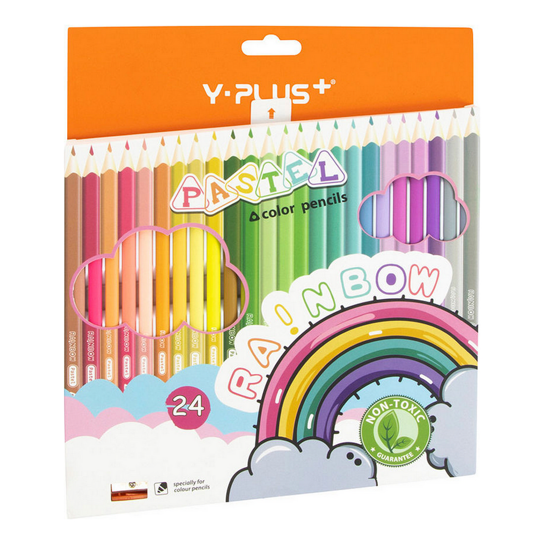 Карандаши цветные Y-plus пастельные Rainbow Pastel трехгранные набор 24 цвета и точилка - фото 1