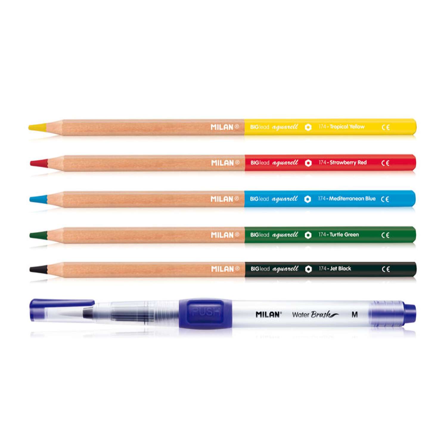 Набор цветных карандашей MILAN акварельных 5 цветов и кисть с резервуаром для воды трехгранный корпус в блистере - фото 2