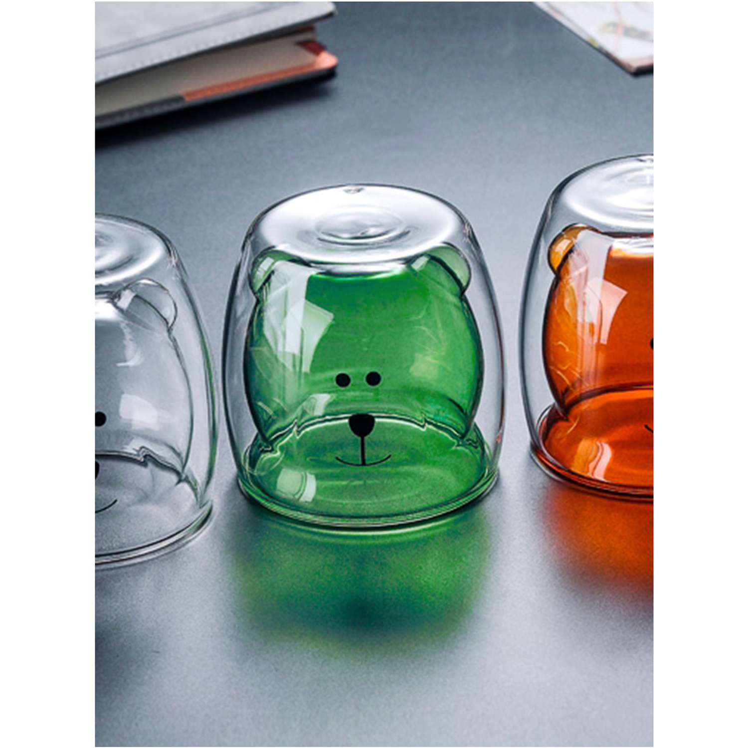 Стеклянный стакан KIMBERLY с двойными стенками зеленый мишка 250 мл - фото 3