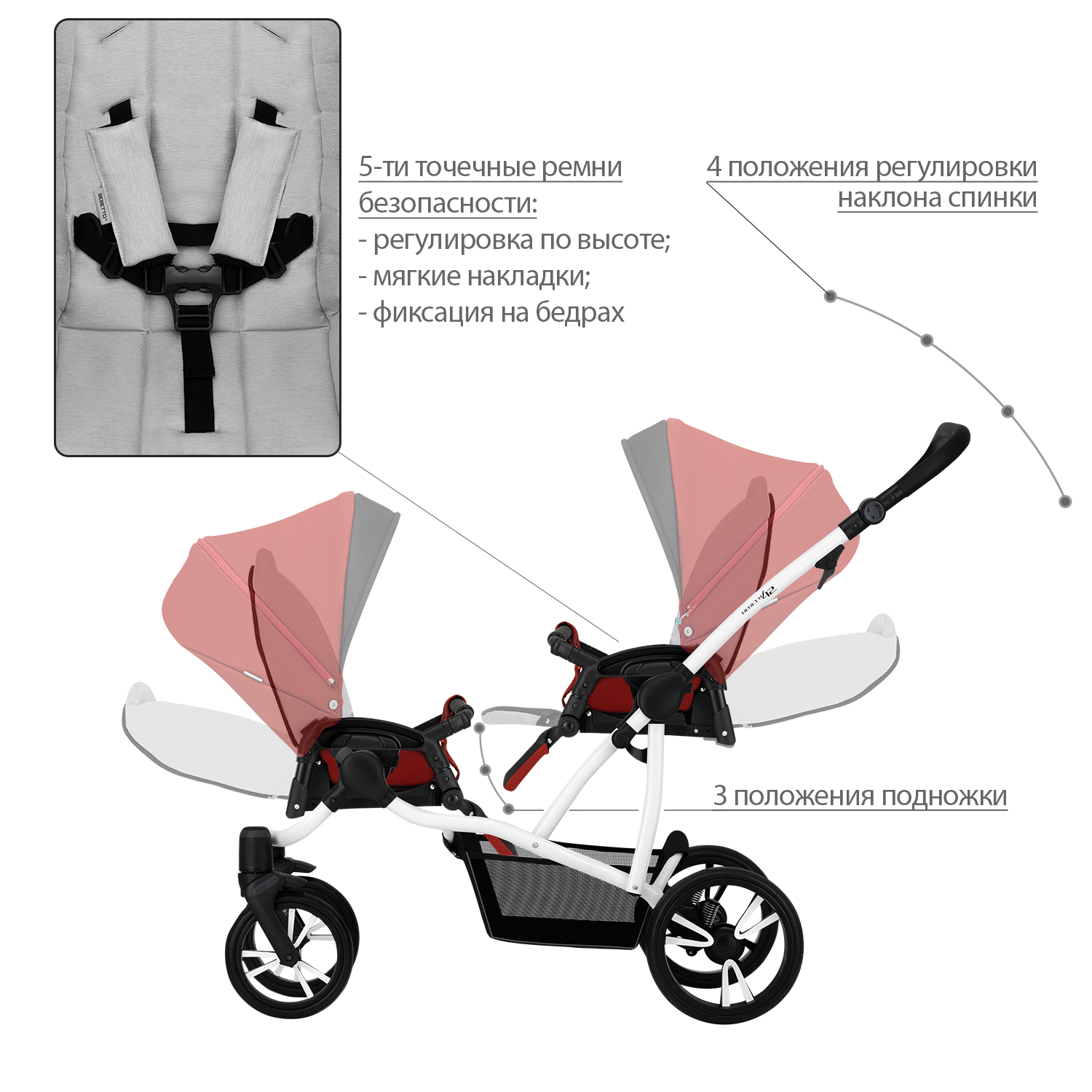 Коляска 2в1 Bebetto 42 Comfort для двойни шасси Белое 05 - фото 7