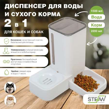 Диспенсер для кошек Stefan 2в1 для воды и сухого корма объем контейнера 1.5л серый