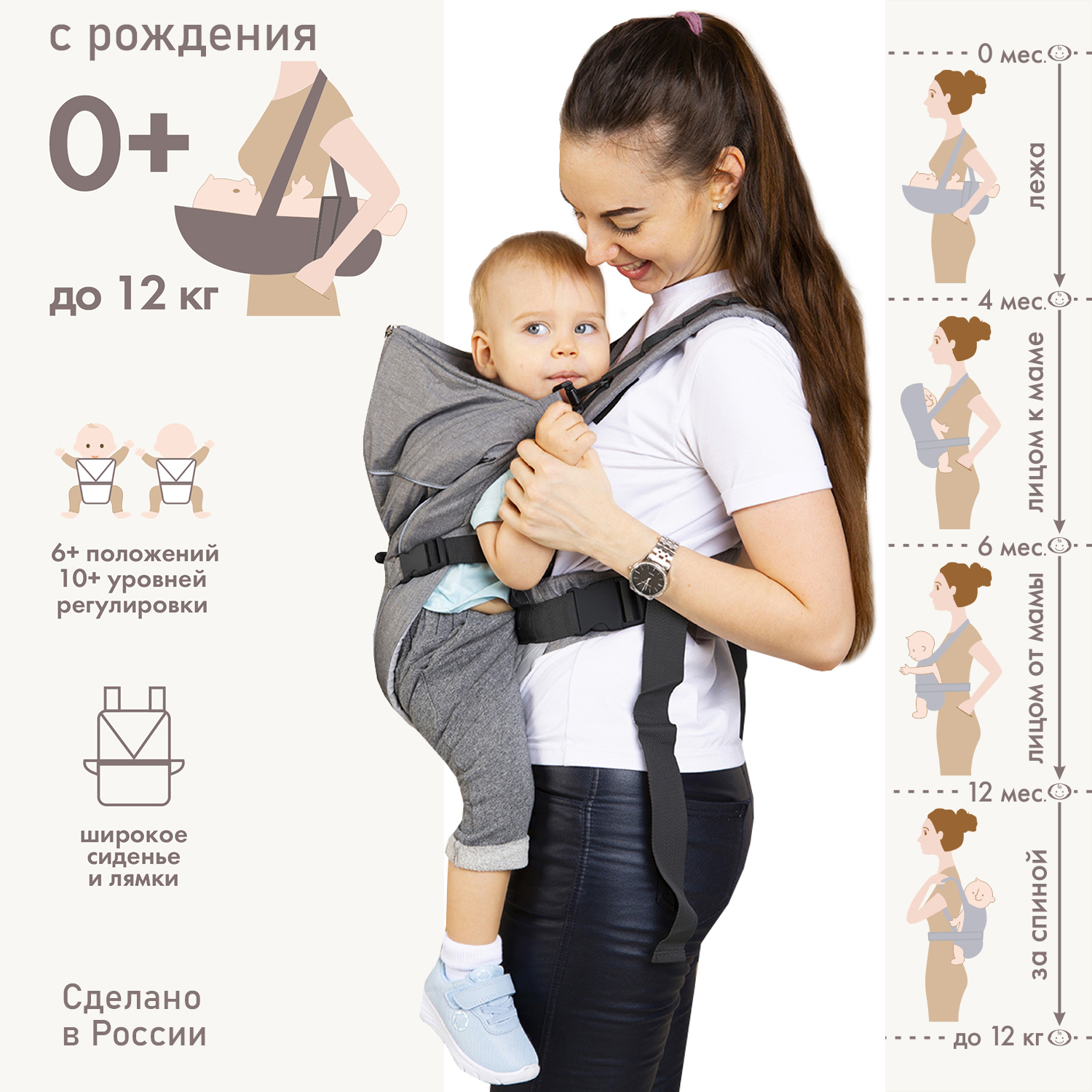 Рюкзак-кенгуру Чудо-чадо переноска с 0 мес «BabyActive Vikont» серый - фото 3