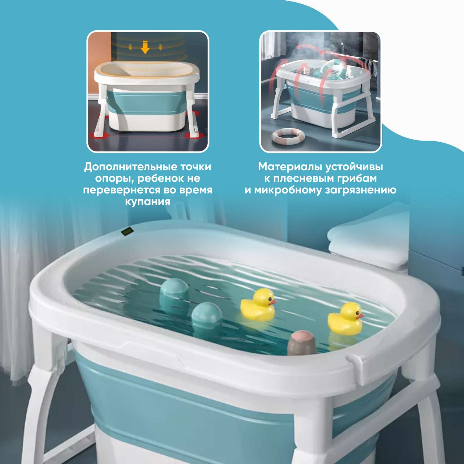 Детская складная ванночка Solmax с термометром для купания новорожденных синяя - фото 4