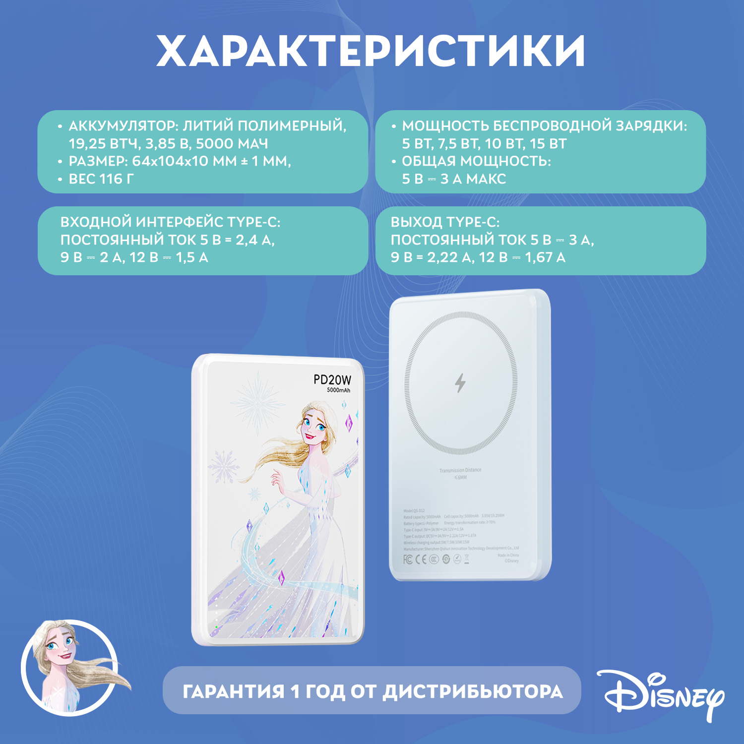 Внешний аккумулятор Disney беспроводной магнитный Холодное сердце Эльза 5000 мАч QS-D12 - фото 4