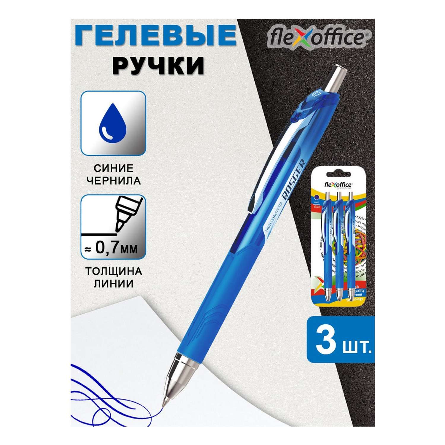 Ручка гелевая Flexoffice BIZNER BOSGER автоматическая 0.7 мм синяя 3шт в блистере - фото 2