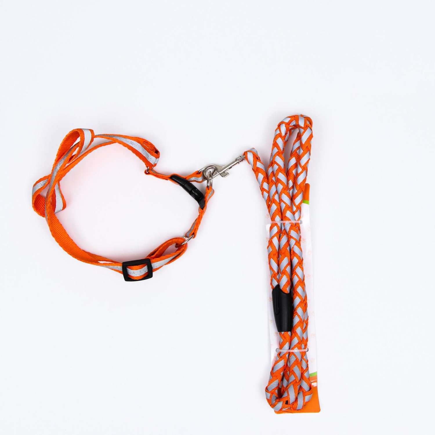 Комплект для собаки Пижон «Плетенка» флюорисцентный поводок 115 х 1 см и шлейка 32-48 см оранжевый - фото 1