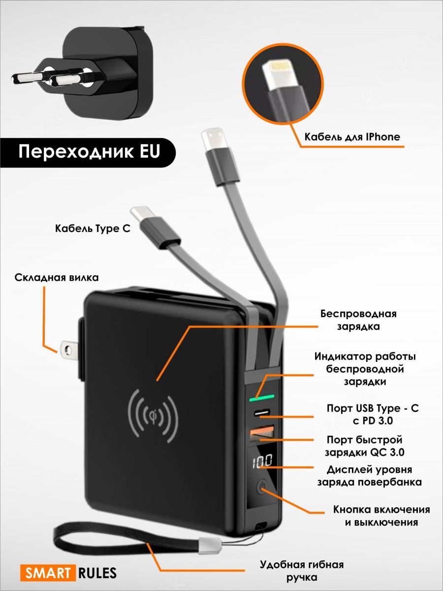 Беспроводной Powerbank SmartRules Black 10000 мАч - фото 8