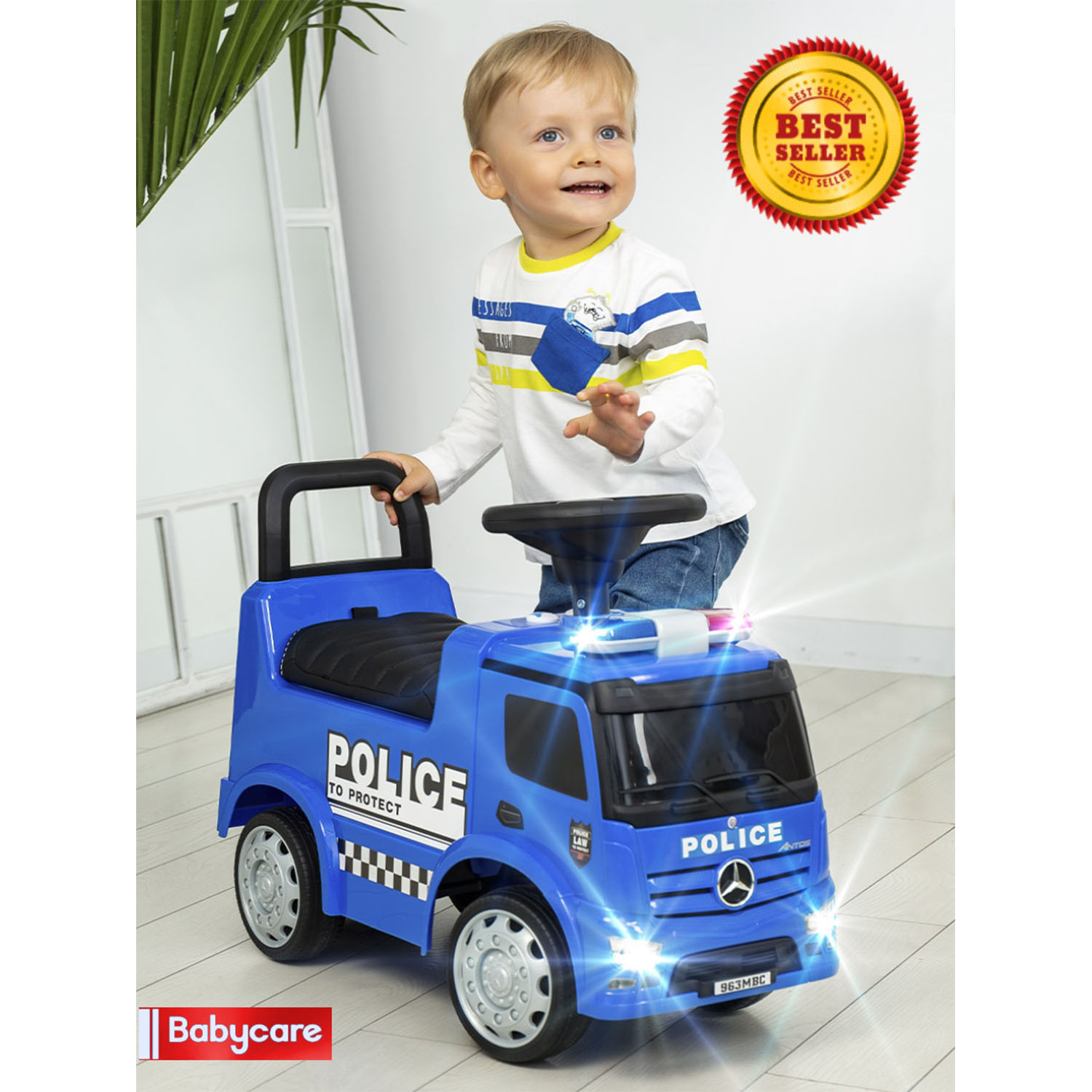Каталка BabyCare Mercedes-Benz Antos Police кожаное сиденье синий - фото 3