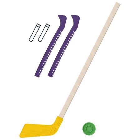 Набор для хоккея Задира Клюшка хоккейная детская жёлтая 80 см + шайба + Чехлы для коньков фиолетовые