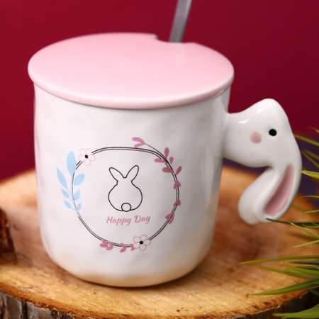 Кружка керамическая iLikeGift Rabbit happy day с ложкой