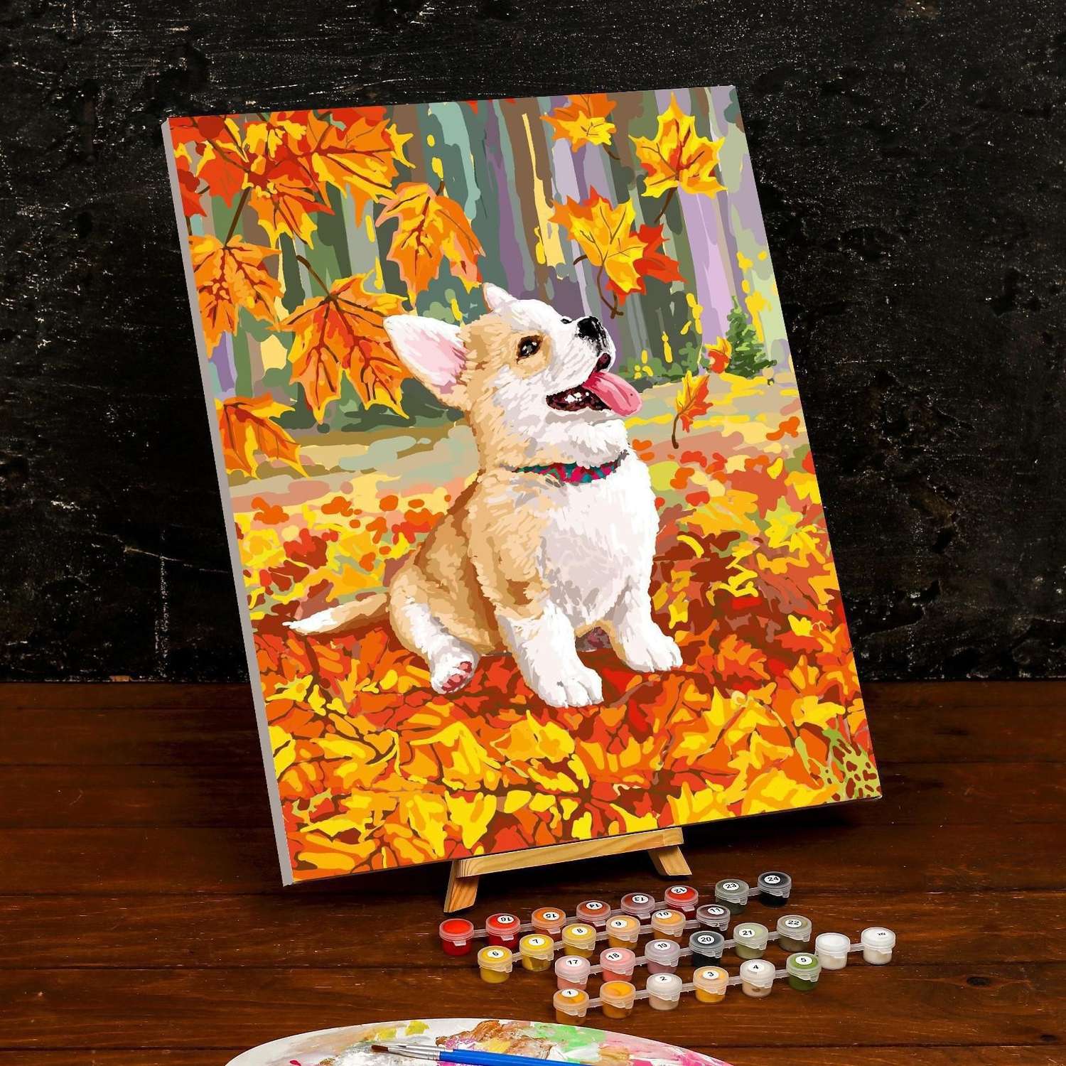 Картина Школа Талантов по номерам на холсте с подрамником «Корги в осенней листве» 40×50 см - фото 3