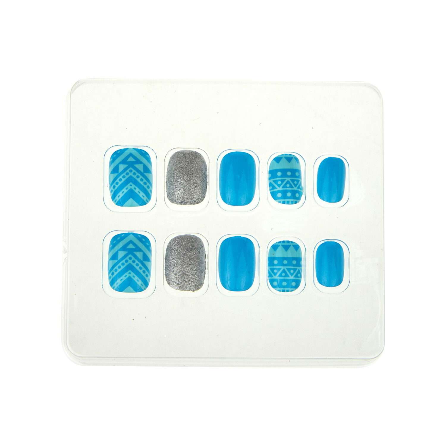 Накладные ногти Lukky 9 Blue Pattern Этнический узор и блестки - фото 2
