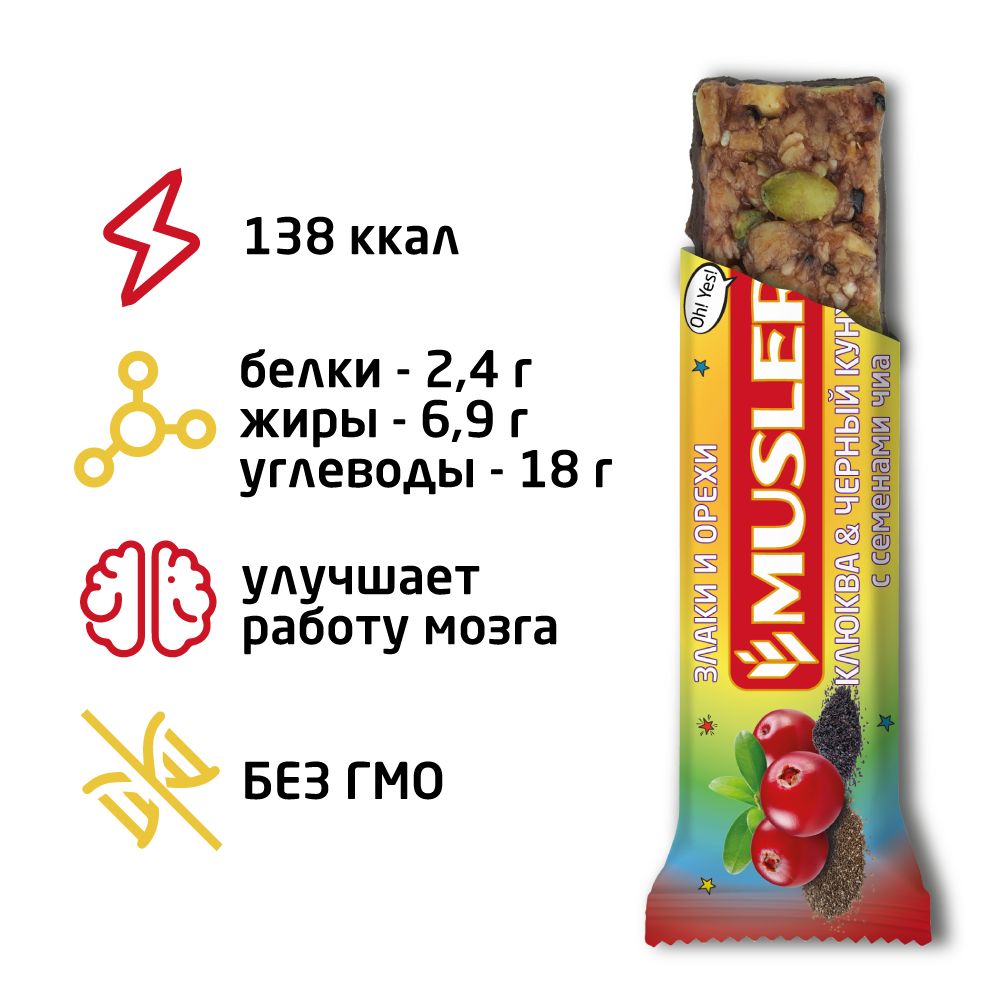 Злаковый батончик MUSLER Клюква-кунжут-семена чиа 6шт x 30г - фото 1