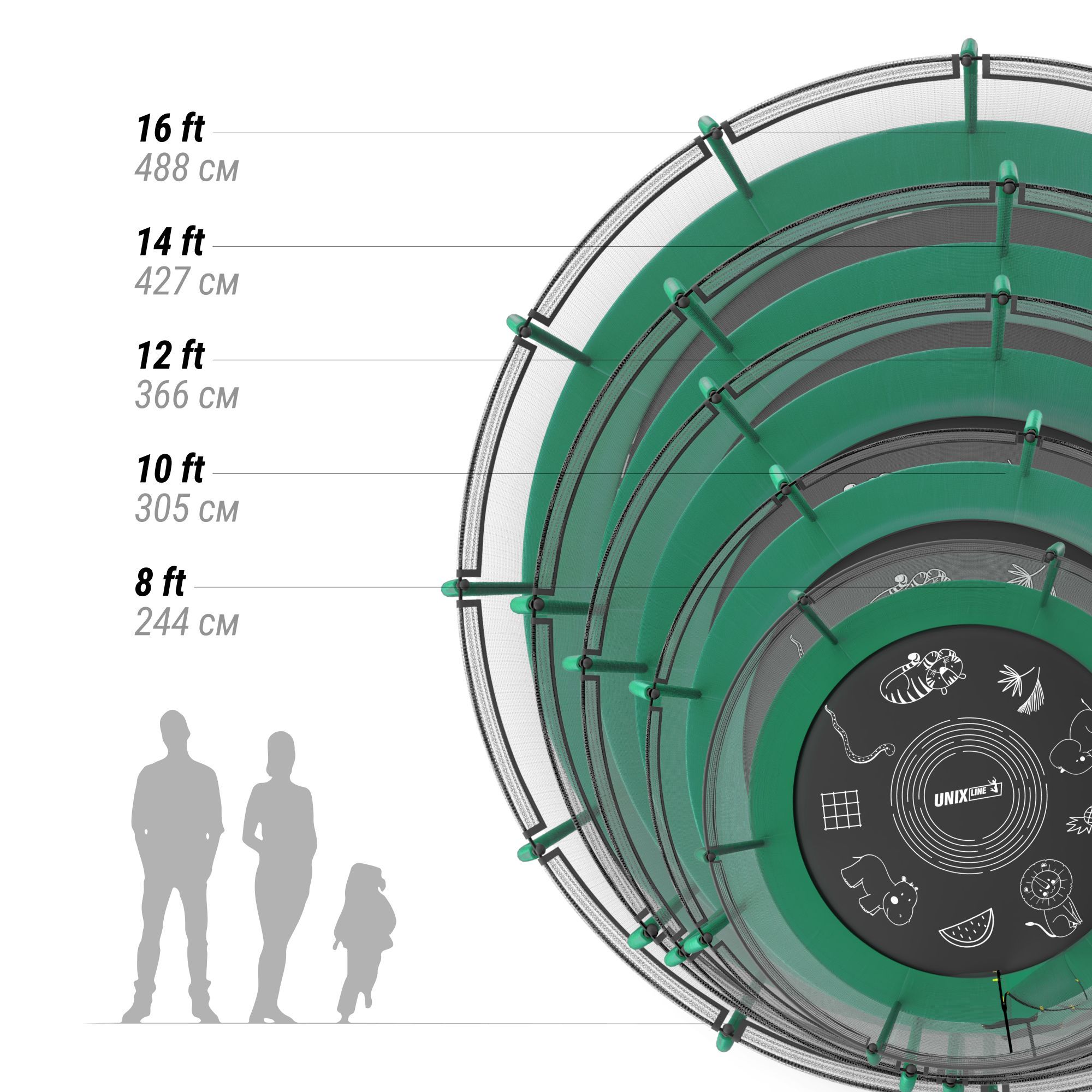 Батут каркасный 8 ft UNIX line Green общий диаметр 244 см до 150 кг - фото 12