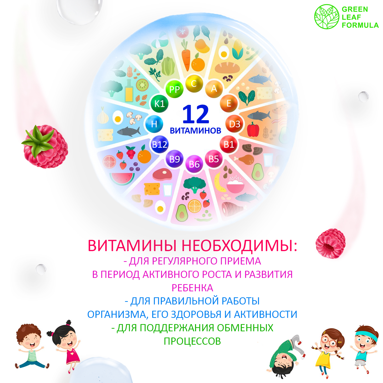 Комплекс витаминов для детей от 3 лет Green Leaf Formula со вкусом малины для иммунитета - фото 3