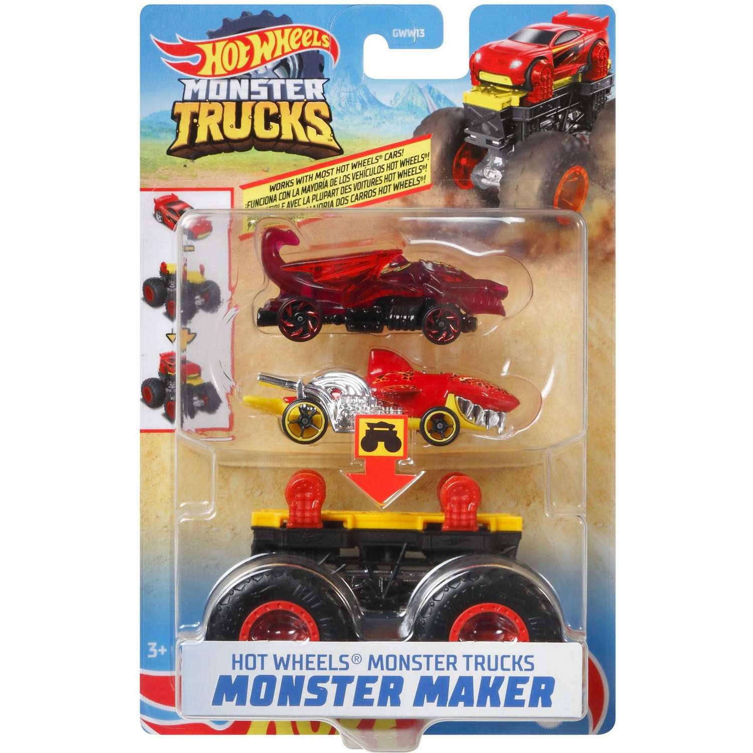 Набор Hot Wheels Monster Trucks Монстр-мейкер с 2машинками и шасси Желтый GWW18 GWW13 - фото 2
