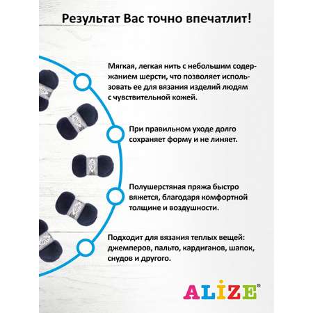 Пряжа Alize тонкая теплая мягкая Superlana tig шерсть акрил 100 гр 570 м 5 мотков 58 темно-синий