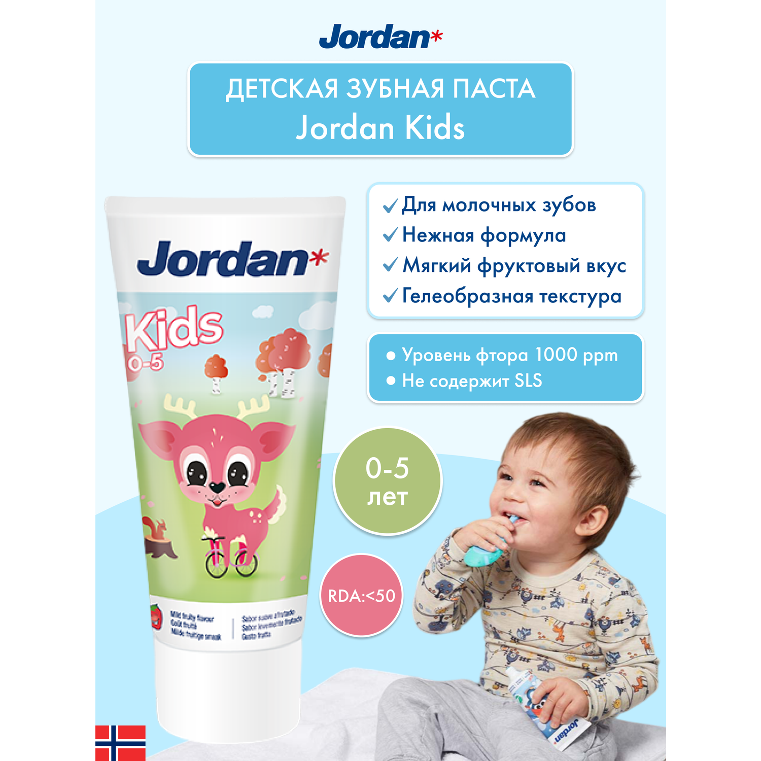 Детская зубная паста JORDAN Kids 0-5 с фтором и нежным фруктовым вкусом - фото 2