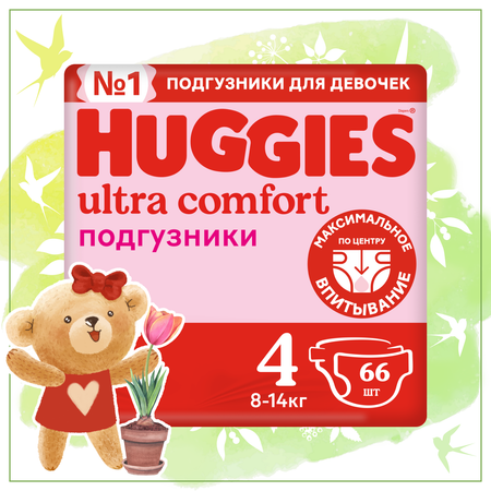Подгузники для девочек Huggies Ultra Comfort 4 8-14кг 66шт