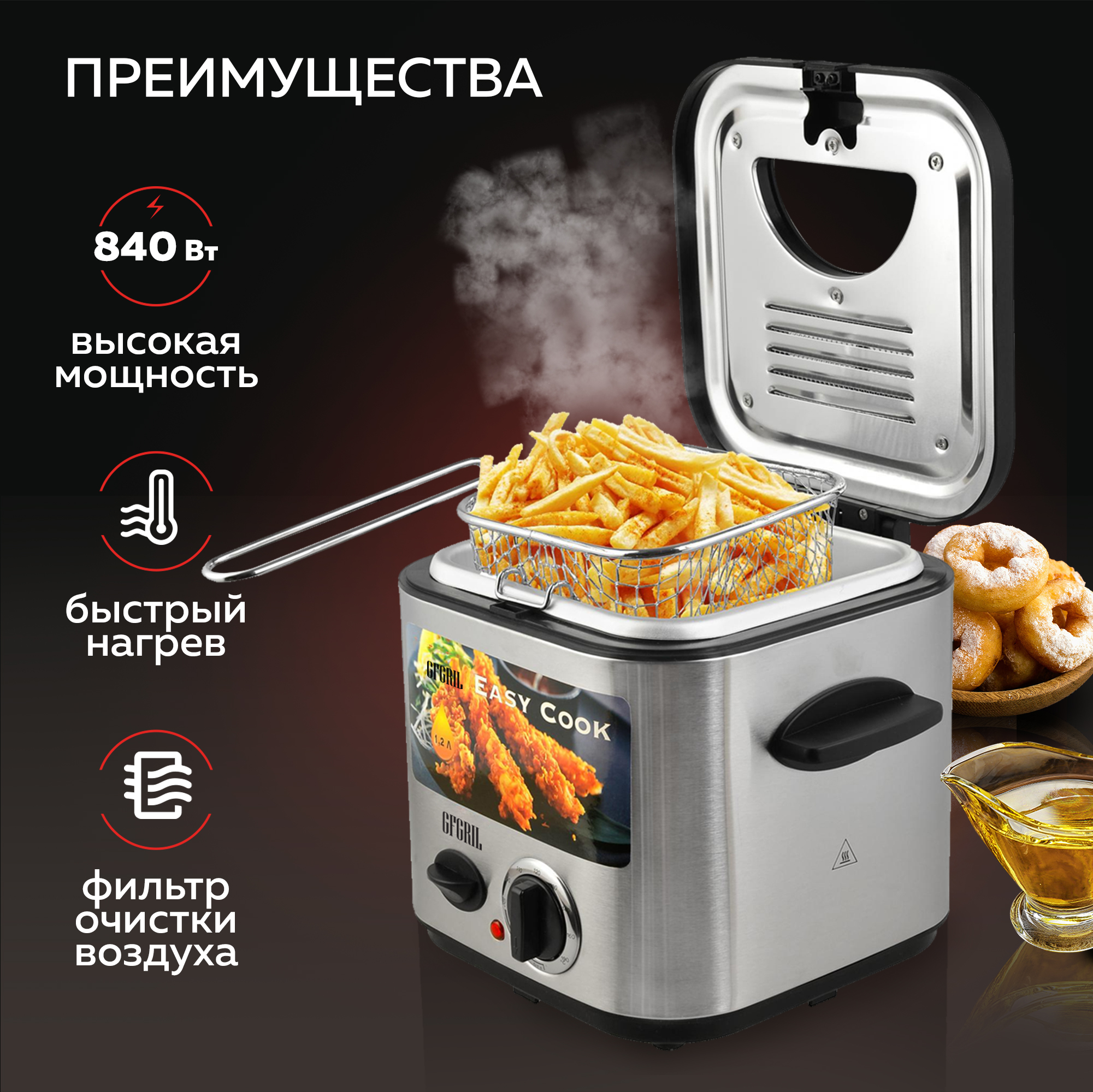 Фритюрница GFGRIL GFF-025 Easy Cook быстрый нагрев до 190 со съемной  корзиной